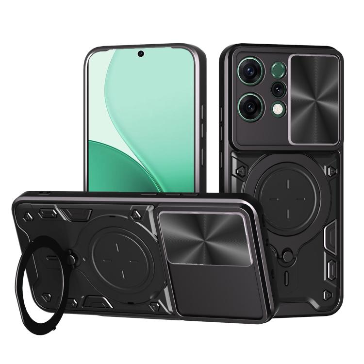 Phone case with sliding camshield and magnetic holder, black with green accents