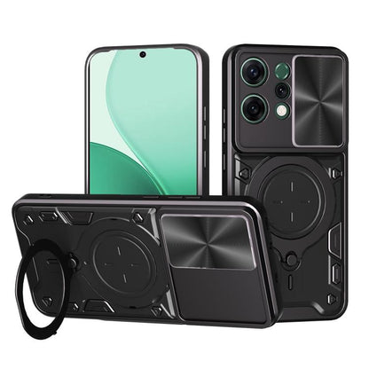 Phone case with sliding camshield and magnetic holder, black with green accents