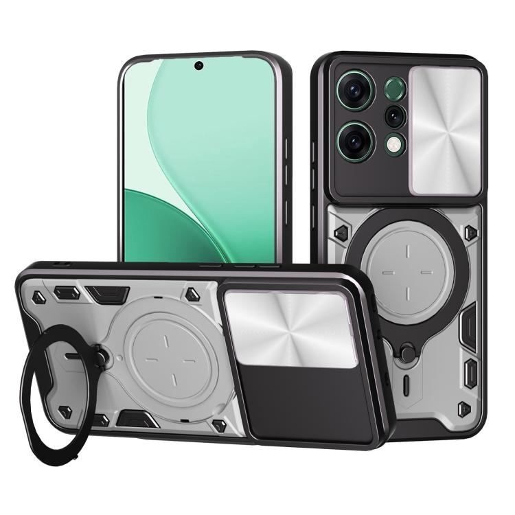Phone case with sliding camshield and magnetic holder, black with silver/gray accents