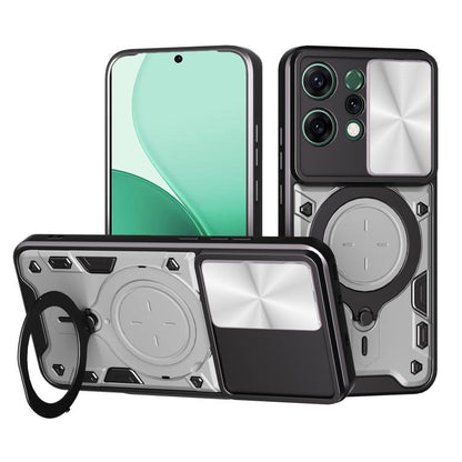 Phone case with sliding camshield and magnetic holder, black with silver/gray accents