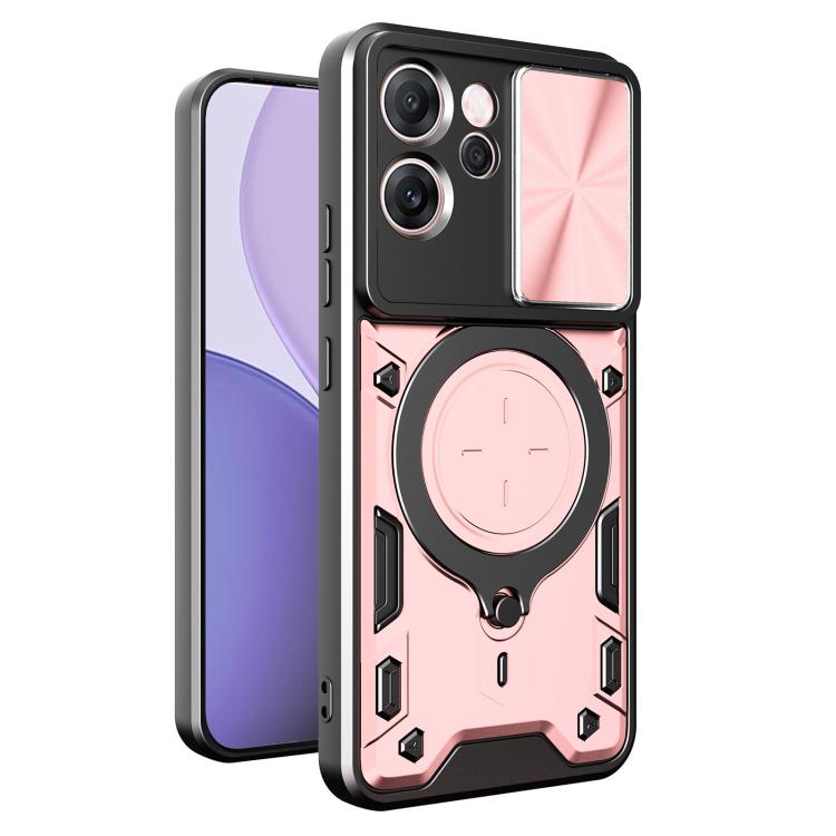 Pink rugged phone case with sliding camera shield and magnetic ring holder