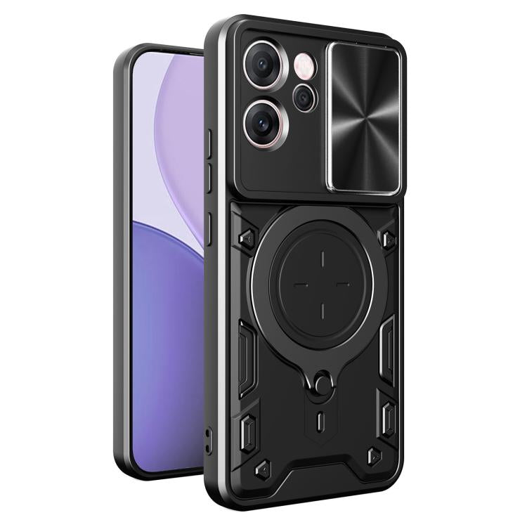 Black rugged phone case with sliding camera shield and magnetic ring holder