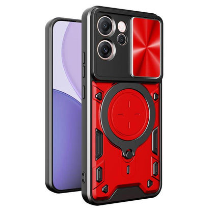 Red rugged phone case with sliding camera shield and magnetic ring holder