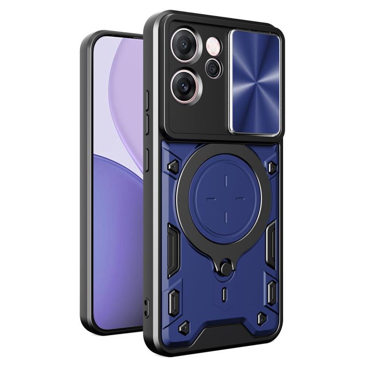 Sliding camshield magnetic phone case, blue with circular magnetic holder front flap.