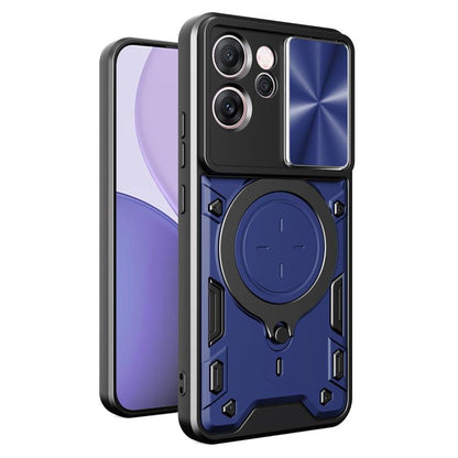 Sliding camshield magnetic phone case, blue with circular magnetic holder front flap.
