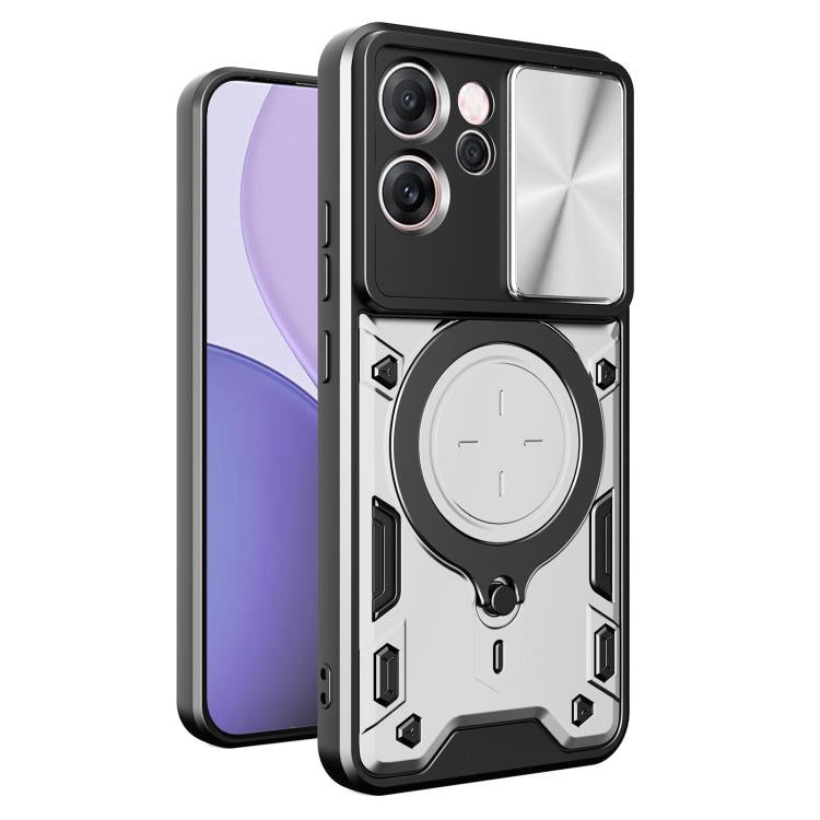 Sliding camshield magnetic phone case, silver with circular magnetic holder and raised edges.