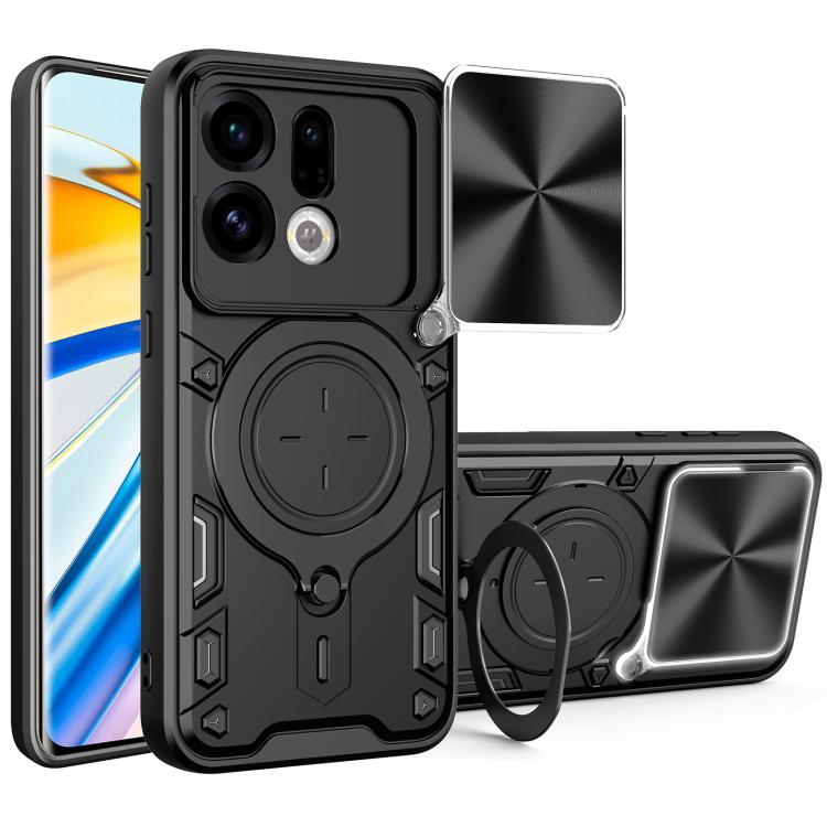 Magnetic sliding camshield phone case with ring holder, black and silver
