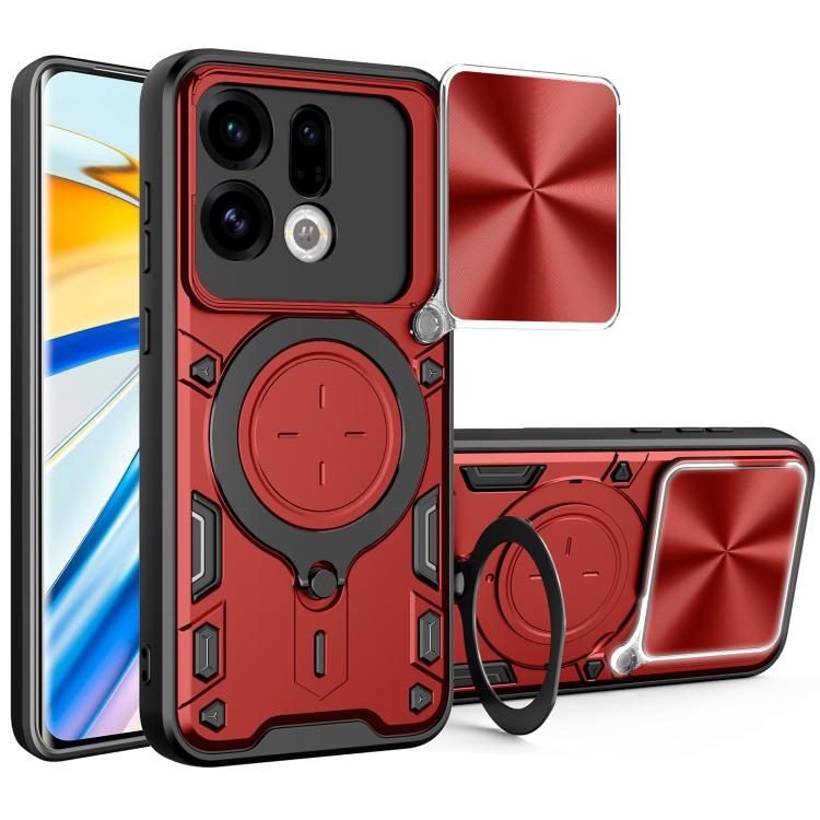 Magnetic sliding camshield phone case with ring holder, red and silver