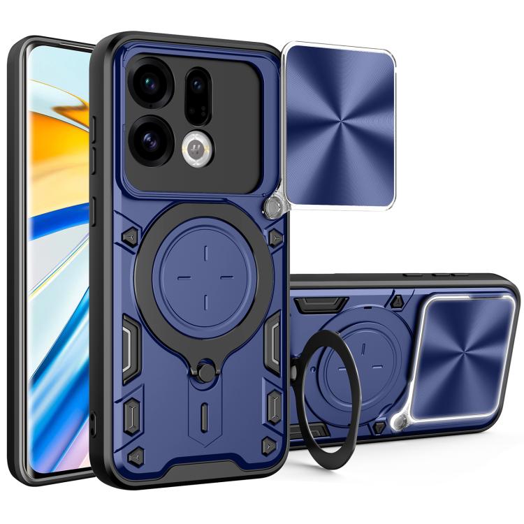 Magnetic sliding camshield phone case with ring holder, blue and silver