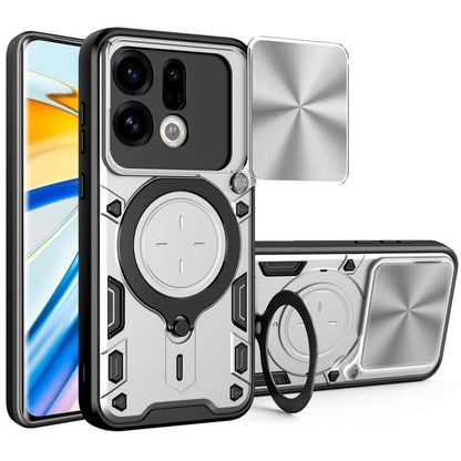 Magnetic sliding camshield phone case with ring holder, gray and silver