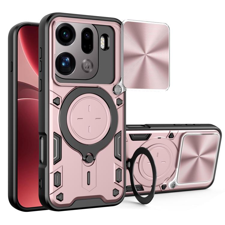 Pink rugged phone case with sliding camera shield and magnetic ring holder