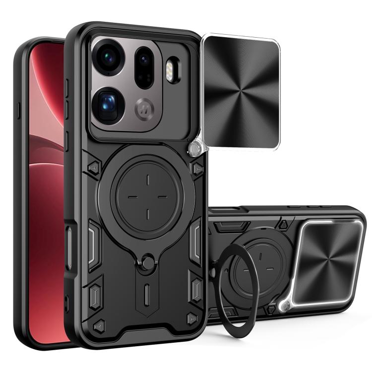 Black rugged phone case with sliding camera shield and magnetic ring holder