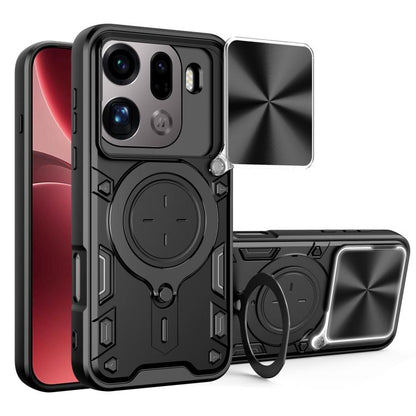Black rugged phone case with sliding camera shield and magnetic ring holder