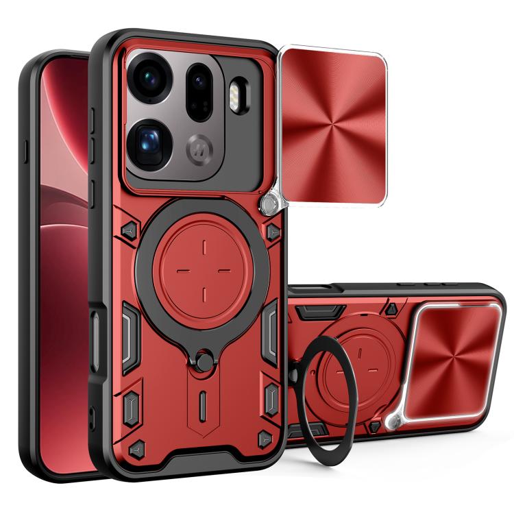 Red rugged phone case with sliding camera shield and magnetic ring holder