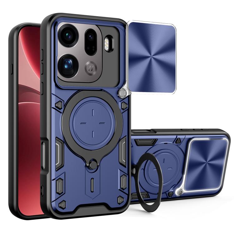 Blue rugged phone case with sliding camera shield and magnetic ring holder