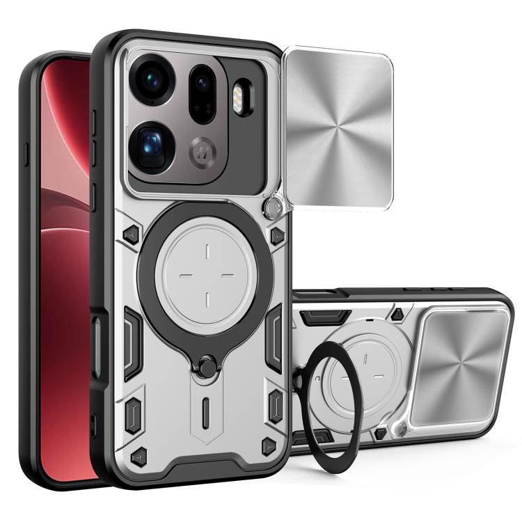 Silver rugged phone case with sliding camera shield and magnetic ring holder