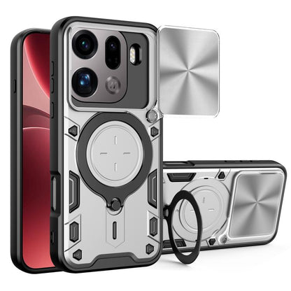 Silver rugged phone case with sliding camera shield and magnetic ring holder