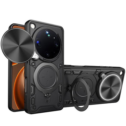 Magnetic phone case with sliding camshield and ring holder, black and silver finish