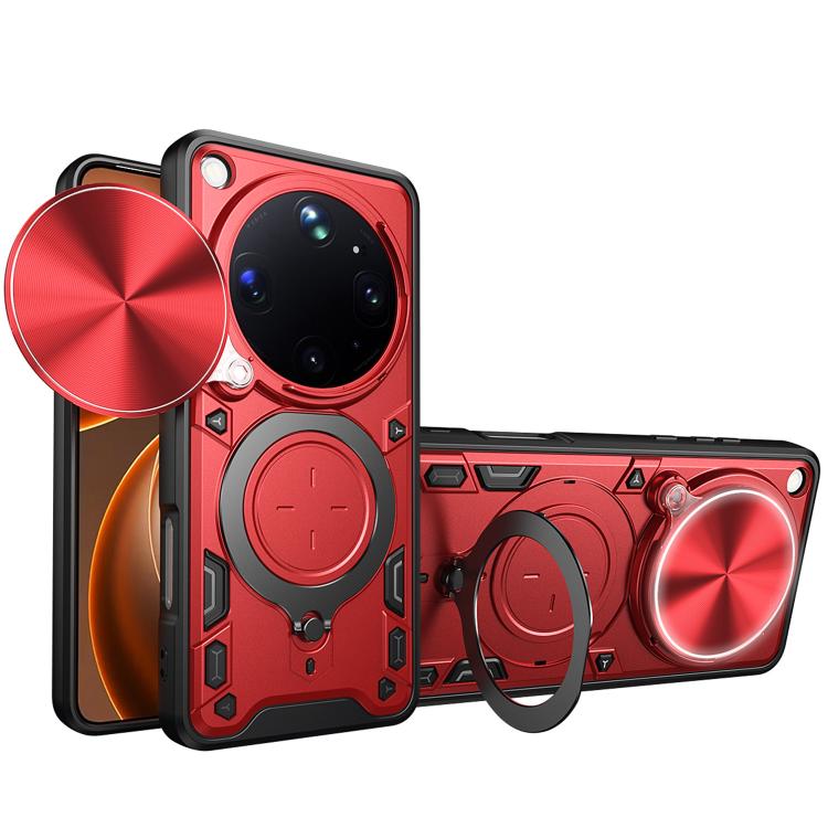 Magnetic phone case with sliding camshield and ring holder, red finish