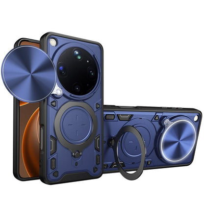 Magnetic phone case with sliding camshield and ring holder, blue finish