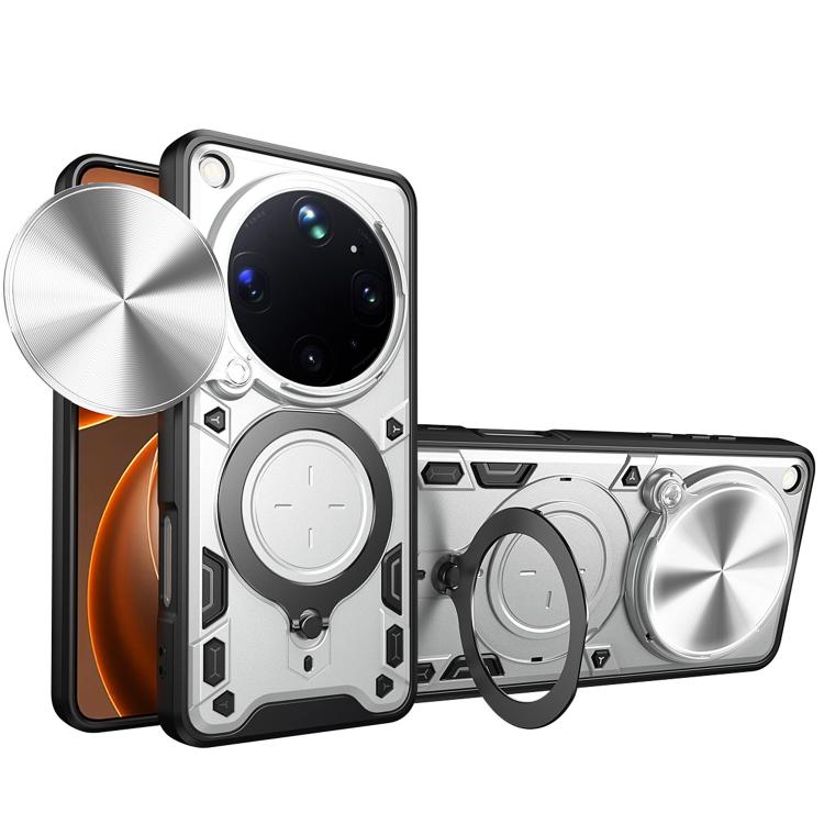 Magnetic phone case with sliding camshield and ring holder, silver finish