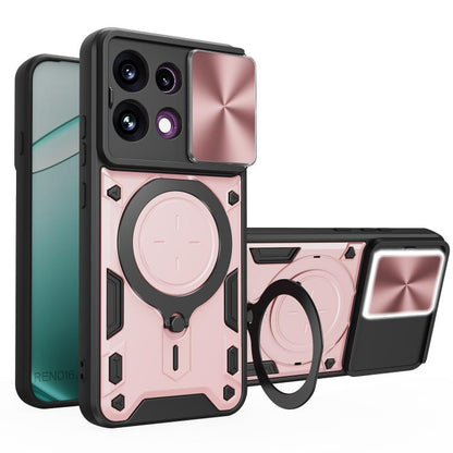 Magnetic phone case with sliding cover window, pink and black textured back, ring holder