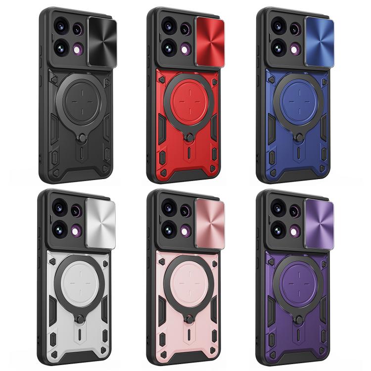 Magnetic phone case with sliding cover window and ring holder, multiple colors shown