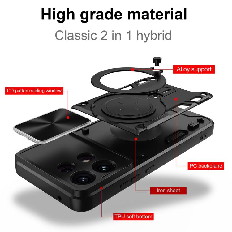 Black hybrid phone case with sliding cover window and magnetic ring holder, raised camera cutouts
