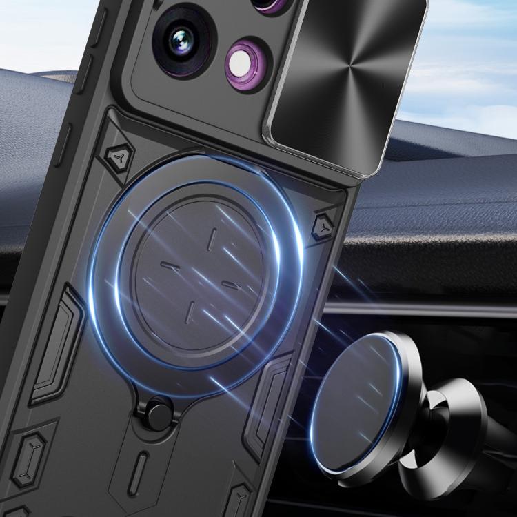 Black magnetic phone case with large circular ring holder and sliding panel, camera openings