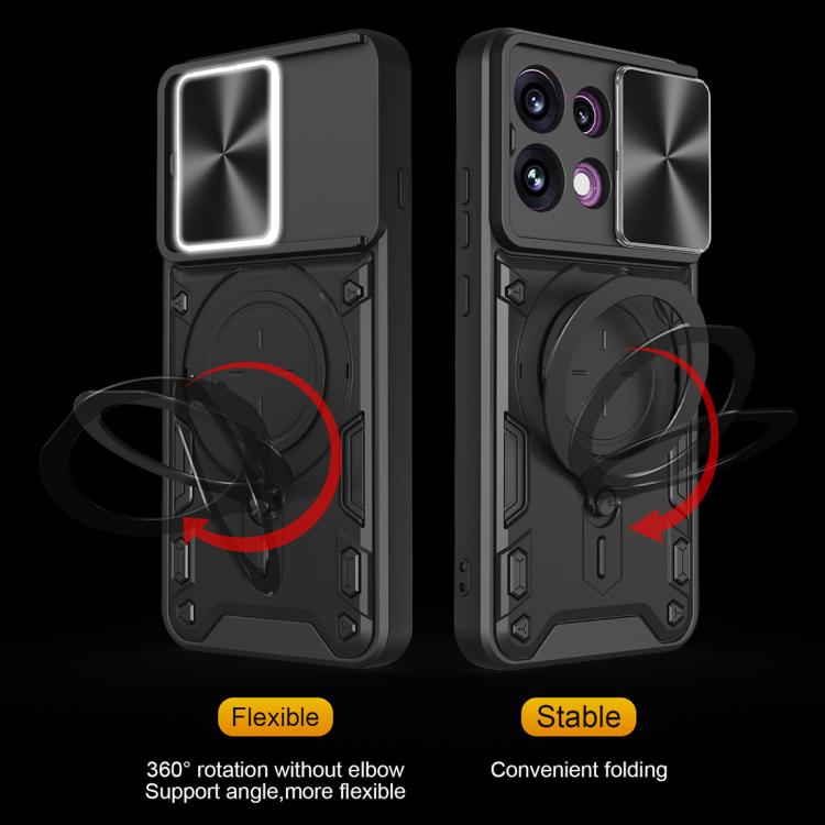 Black phone case with sliding cover and magnetic ring holder, two angles shown