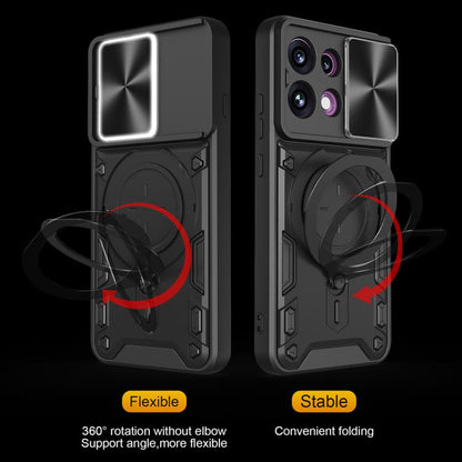 Black phone case with sliding cover and magnetic ring holder, two angles shown