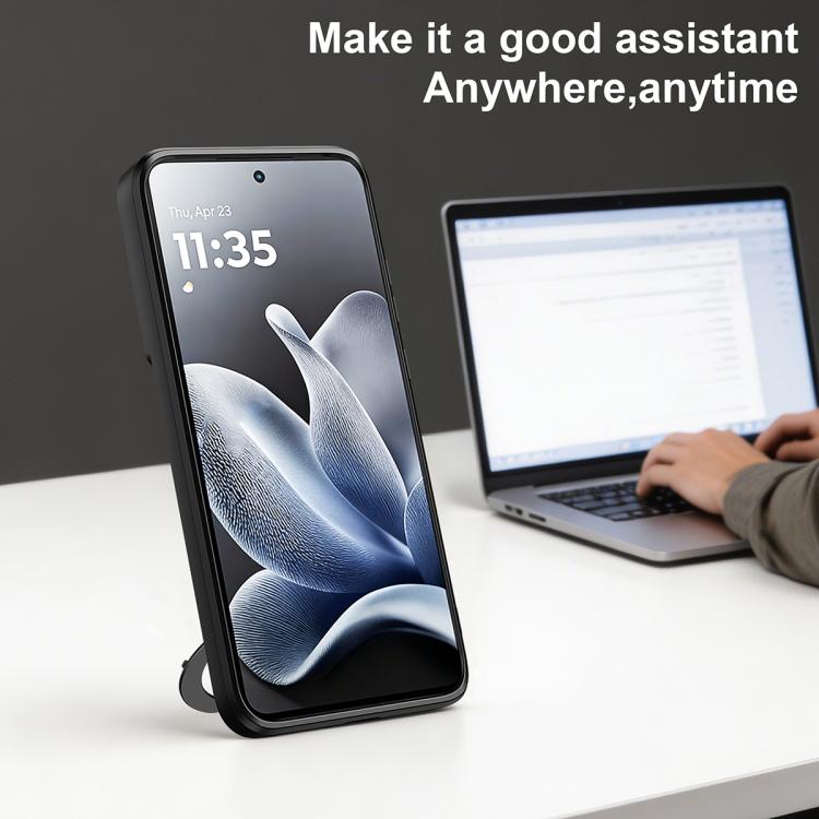 Phone case with magnetic ring-style holder and sliding cover, used as a stand