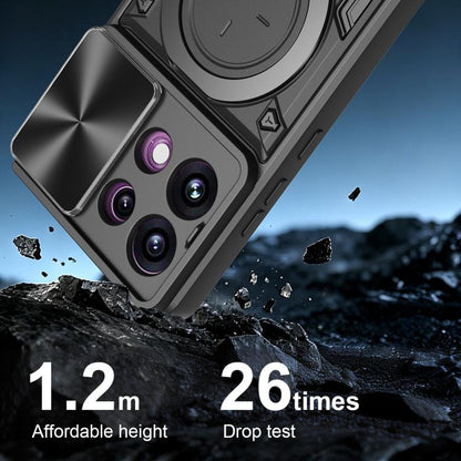 Black textured phone case with sliding cover, magnetic ring holder, purple camera bezel
