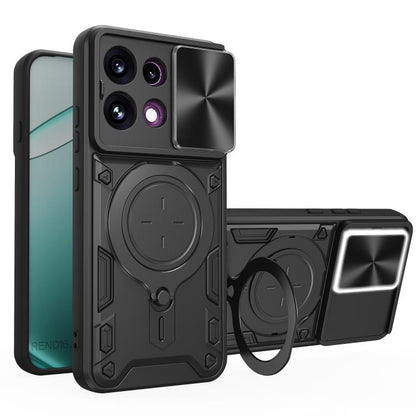Black magnetic phone case with sliding cover window and ring holder, textured armor design