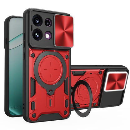 Magnetic phone case with sliding cover window, red and black textured back, ring holder