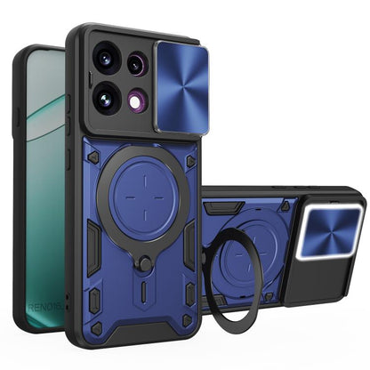 Magnetic phone case with sliding camshield and ring holder, blue finish