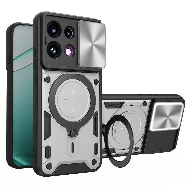 Magnetic phone case with sliding camshield and ring holder, silver and gray finish