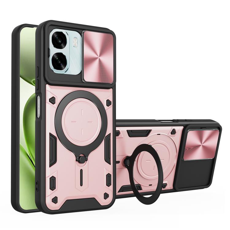 Magnetic phone case with sliding camshield and ring holder, light pink finish