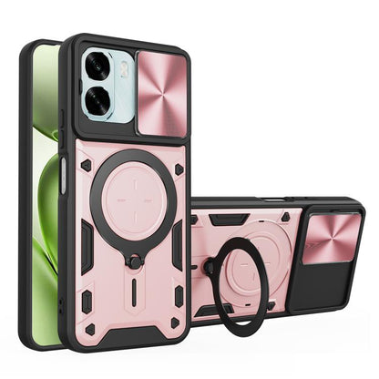Magnetic phone case with sliding camshield and ring holder, light pink finish