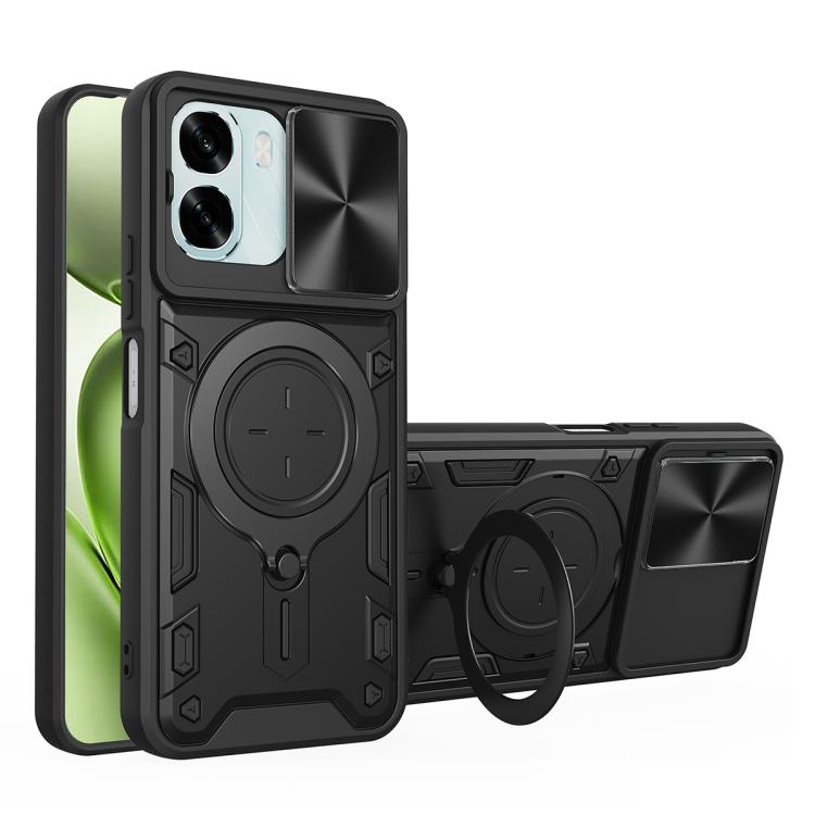 Magnetic sliding camshield phone case with ring holder, black and dark gray
