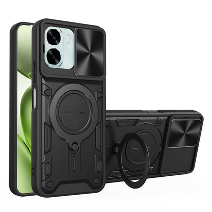 Magnetic sliding camshield phone case with ring holder, black and dark gray