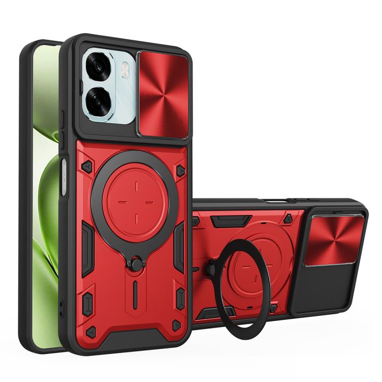 Magnetic sliding camshield phone case with ring holder, red and black