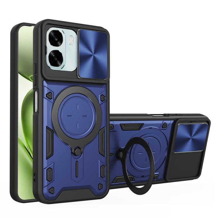 Magnetic sliding camshield phone case with ring holder, blue and black