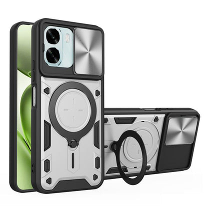 Magnetic sliding camshield phone case with ring holder, white and black