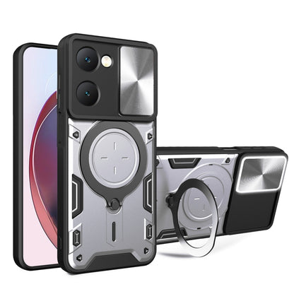 Silver phone case with sliding camshield, magnetic ring holder, textured back