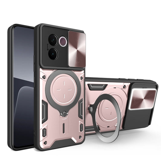 Phone case with sliding camshield cover and magnetic ring holder, pink and black