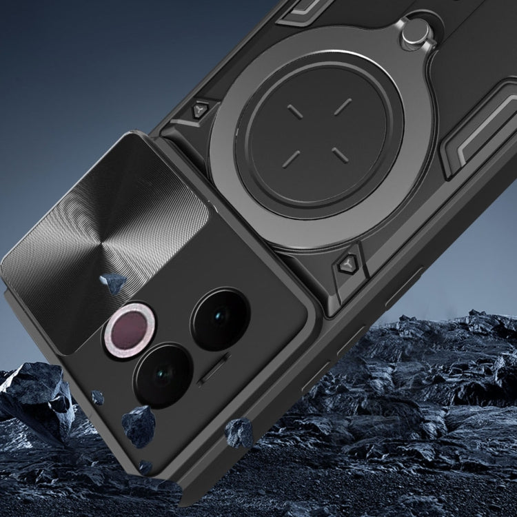 Phone case with sliding camshield cover and magnetic ring holder, dark gray with metallic panel