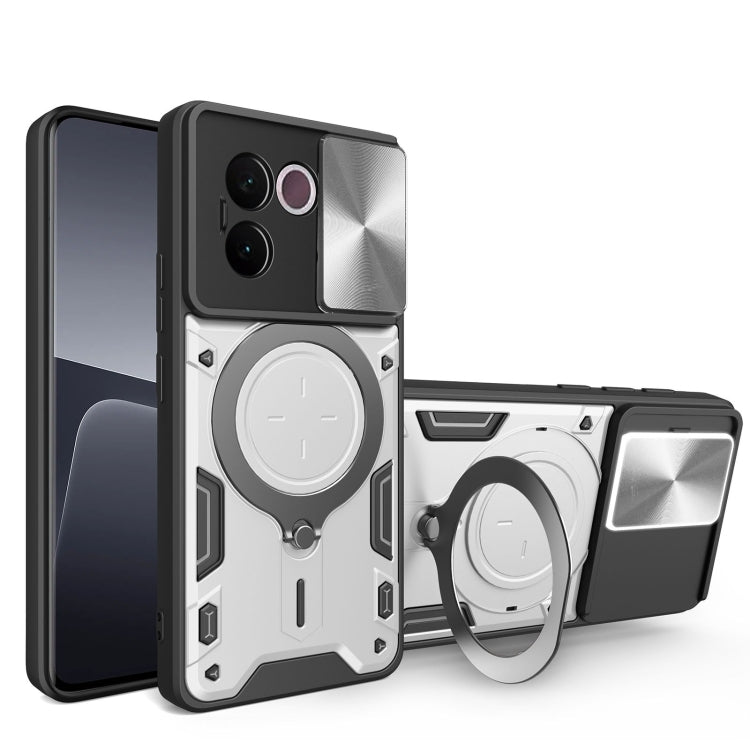 Sliding camshield magnetic phone case in gray and black with circular card holder