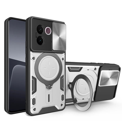 Sliding camshield magnetic phone case in gray and black with circular card holder
