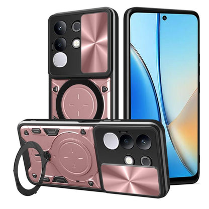Magnetic phone case with sliding cam shield, rose pink textured shell and ring strap